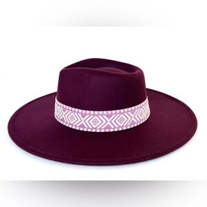 Burgundy Wide-Brim Hat with Geometric Band